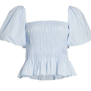 ASTR the Label Savina Blue Smocked Puff Sleeve Peplum Blouse 100% Cotton NWOT